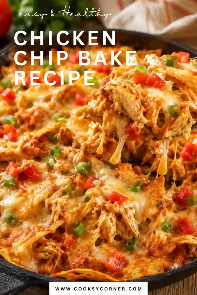 A freshly baked Chicken Chip Bake topped with melted Monterey Jack cheese, green onions, avocado, and pico de gallo. This cheesy Tex-Mex casserole features layers of tortilla chips, rotisserie chicken, beans, and enchilada sauce.