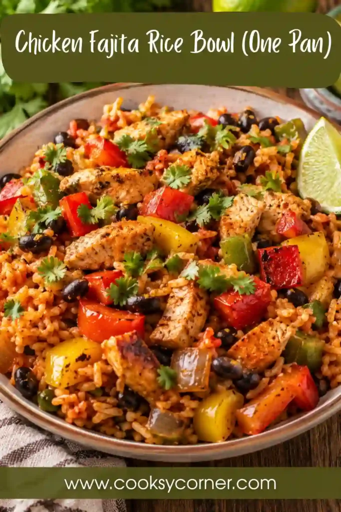 Close-up of a Chicken Fajita Rice Bowl loaded with seasoned chicken, vegetables, black beans, and rice. Fresh lime and cilantro add a bright finishing touch to this easy one-pan meal.