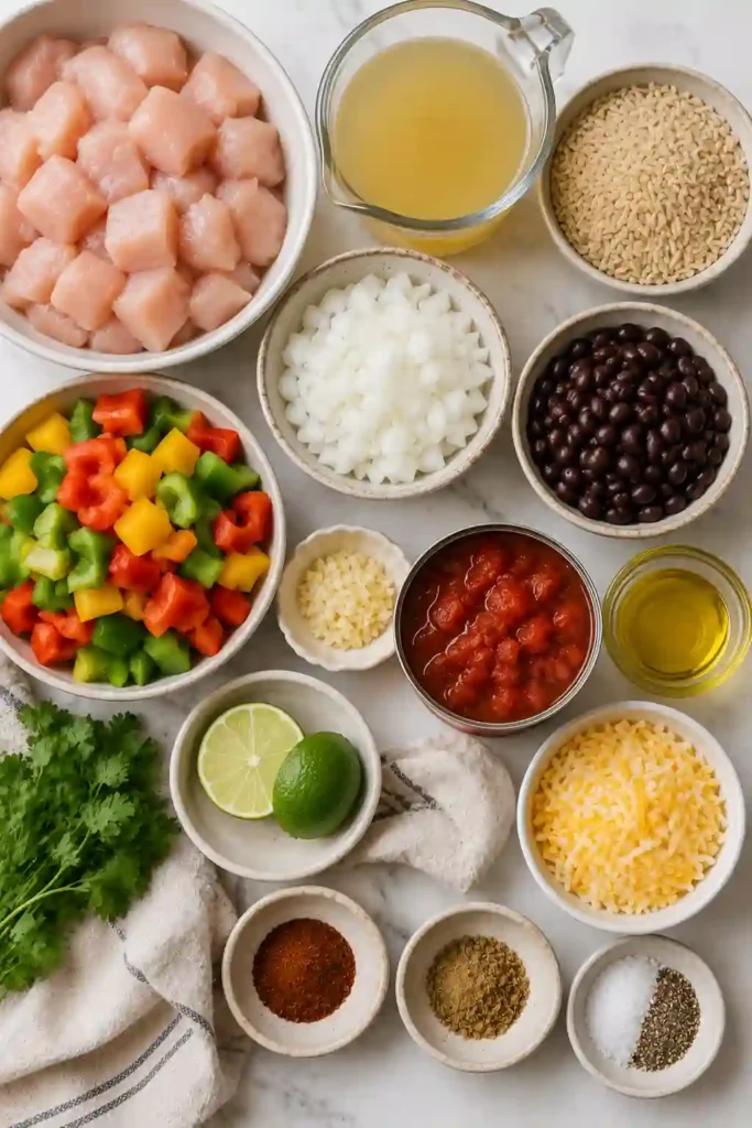 One-pan Chicken Fajita Rice Bowl served warm with melted cheese, black beans, peppers, and tender chicken. This healthy chicken rice bowl is perfect for meal prep or family dinners.