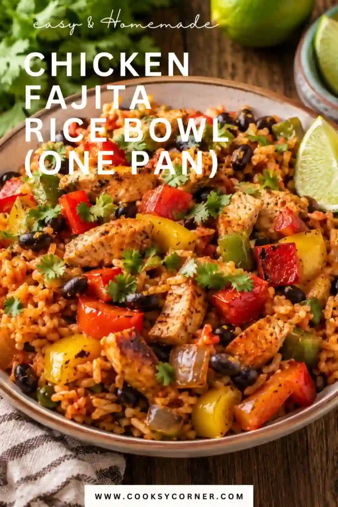 Homemade Chicken Fajita Rice Bowl with juicy chicken, bell peppers, black beans, and rice topped with melted Mexican cheese and chopped cilantro. This one-pan Tex-Mex dinner is colorful and hearty.