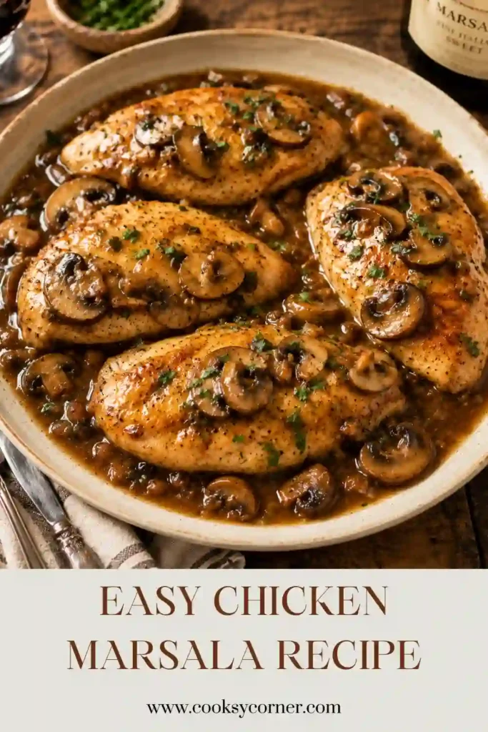 Italian-inspired Chicken Marsala plated with creamy mashed potatoes and fresh parsley garnish. Rich mushroom sauce coats every bite of tender chicken.