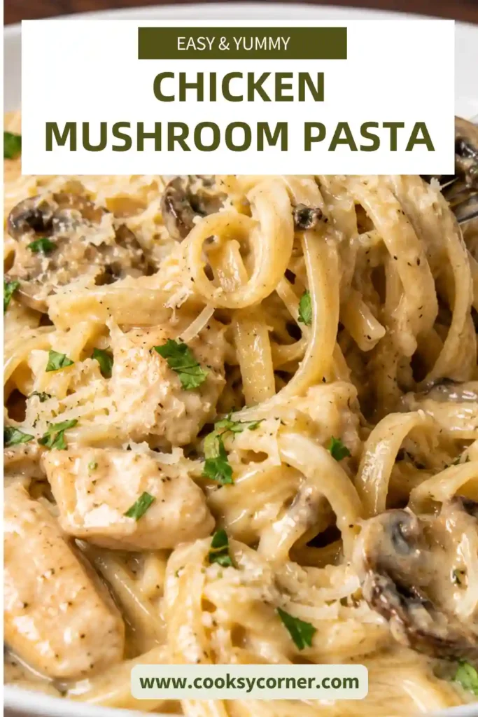 Homemade Chicken Mushroom Pasta topped with fresh parsley and Parmesan cheese. The creamy mushroom sauce and tender chicken create a satisfying and comforting pasta dinner.