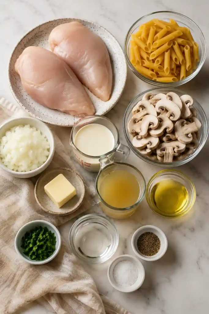 Close-up of creamy Chicken Mushroom Pasta with sliced mushrooms and golden chicken pieces. This rich and flavorful pasta recipe is perfect for a quick homemade dinner.