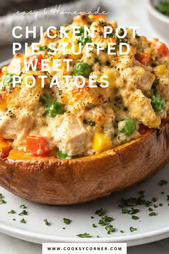Healthy Chicken Pot Pie Stuffed Sweet Potatoes served warm with fresh thyme. This easy protein dinner recipe is ideal for meal prep and busy weeknights.