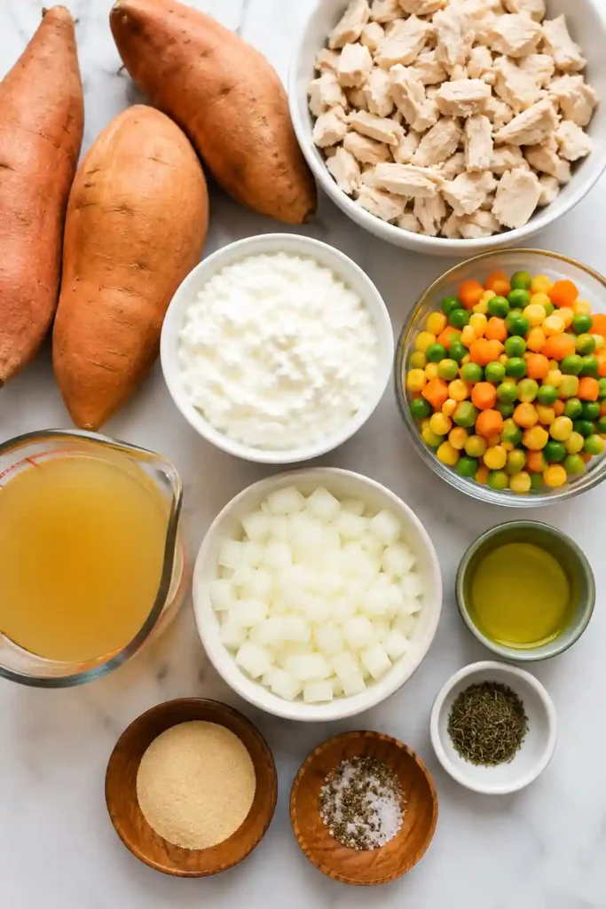 Creamy chicken pot pie filling spooned into roasted sweet potatoes creates a wholesome, gluten-free comfort food dinner packed with lean protein and vegetables.