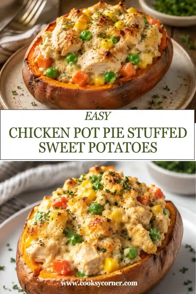 A baked sweet potato stuffed with creamy chicken, carrots, peas, corn, and herbs creates a healthy Chicken Pot Pie Stuffed Sweet Potatoes recipe that's satisfying and nutritious.