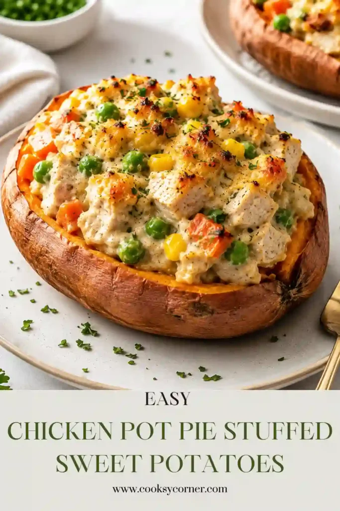 Roasted sweet potatoes are generously filled with creamy chicken pot pie filling made with lean chicken, cottage cheese, and colorful mixed vegetables. This high-protein comfort food is perfect for a healthy family dinner.