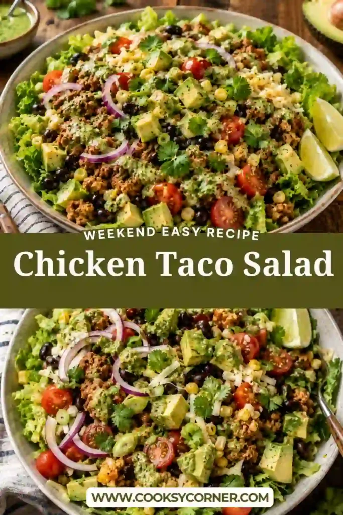 A flat lay of colorful Chicken Taco Salad ingredients featuring crisp lettuce, seasoned chicken, fresh vegetables, avocado, cheese, black beans, and cilantro vinaigrette components.