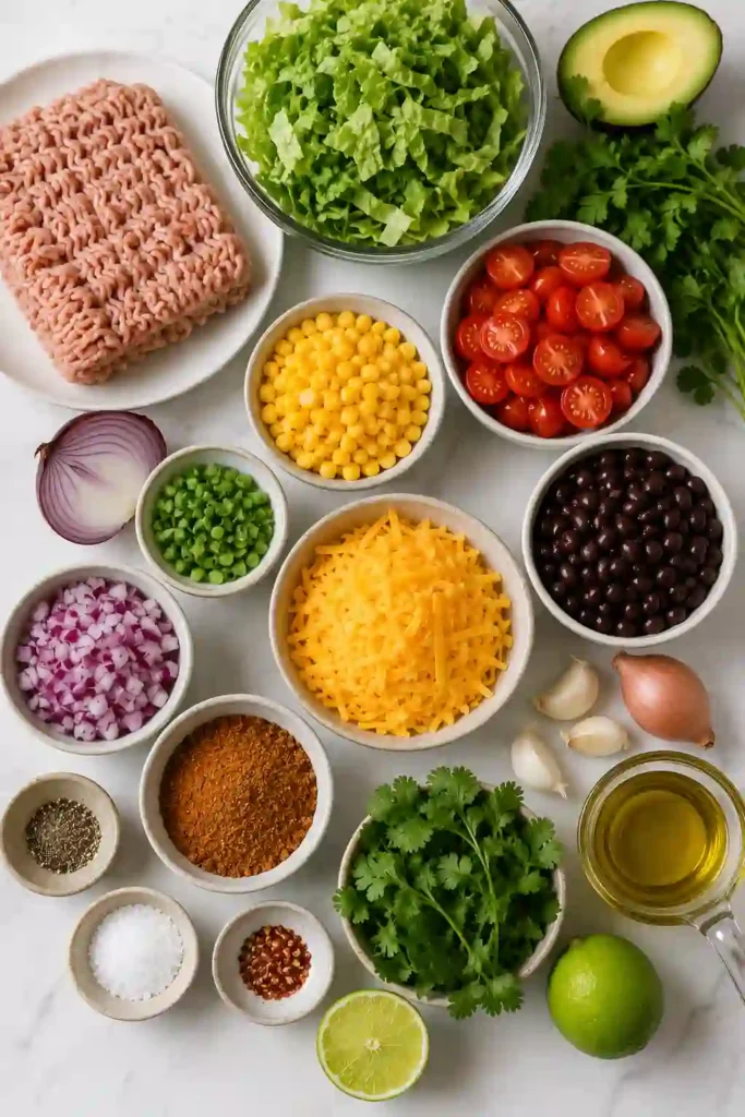 Bright, fresh ingredients for a healthy Chicken Taco Salad displayed in natural lighting with avocado, tomatoes, lettuce, black beans, corn, cilantro, cheese, and ground chicken.