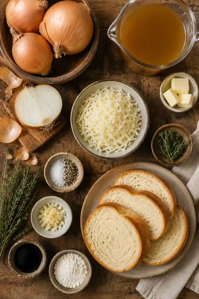 Classic French Onion Soup served in oven-safe bowls with brioche bread and bubbling melted cheese. A rich and hearty French-inspired comfort food recipe.
