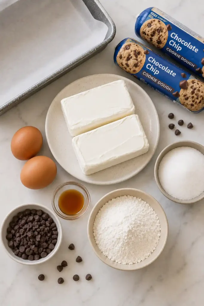Baking ingredients for cookie cheesecake bars styled for Pinterest food photography on a bright kitchen surface.