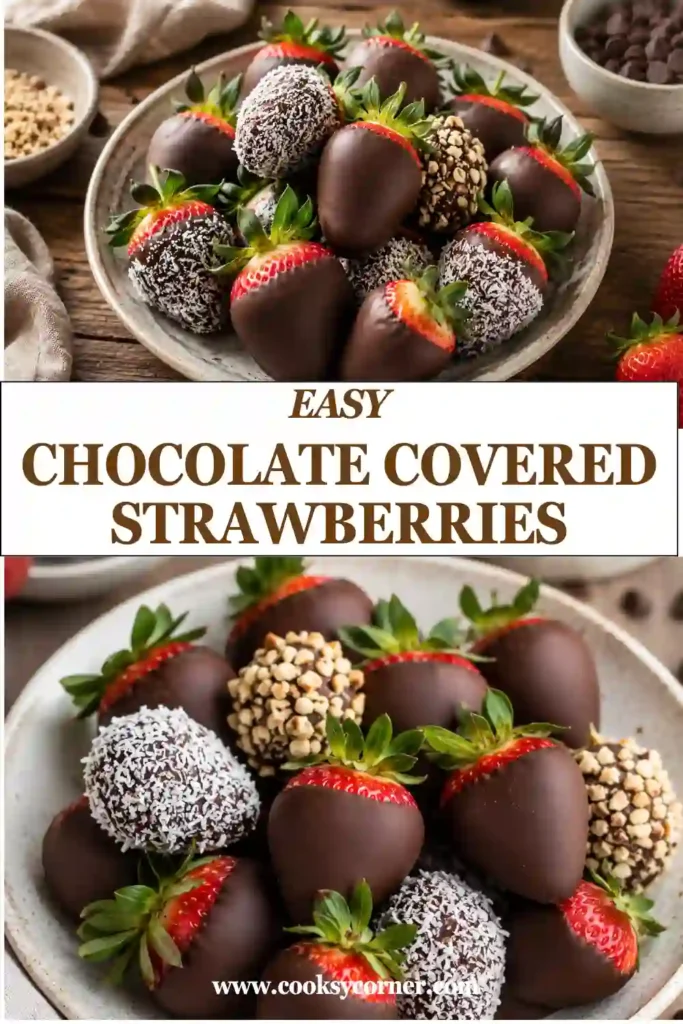 Close-up of rich Chocolate Covered Strawberries garnished with chopped nuts and shredded coconut. This simple dessert is fresh, sweet, and beautifully presented.