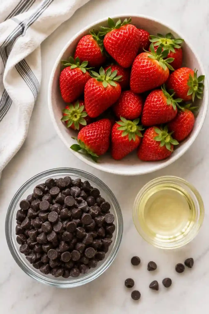 Chocolate Covered Strawberries displayed on parchment paper with fresh strawberries nearby. These homemade chocolate treats are simple, elegant, and full of fresh flavor.