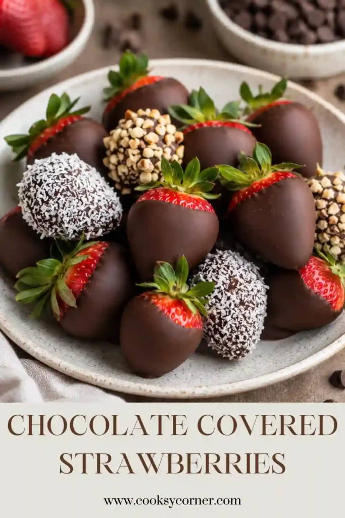 Fresh Chocolate Covered Strawberries coated in smooth dark chocolate and arranged on a serving platter. These elegant homemade treats are perfect for parties, holidays, and romantic occasions.