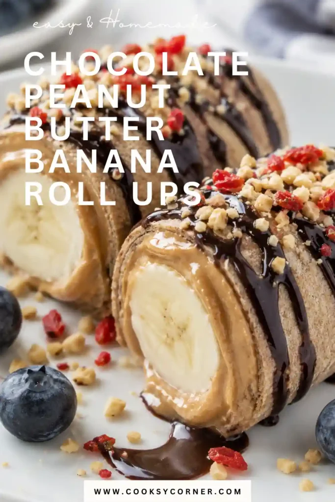 Healthy Chocolate Peanut Butter Banana Roll-Ups served on a white plate with raw chocolate drizzle and crunchy toppings. Perfect for breakfast or an afternoon snack.