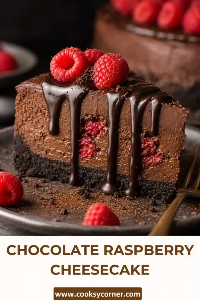 Elegant Chocolate Raspberry Cheesecake sliced to reveal creamy chocolate filling, fresh raspberries, and a thick Oreo cookie crust.