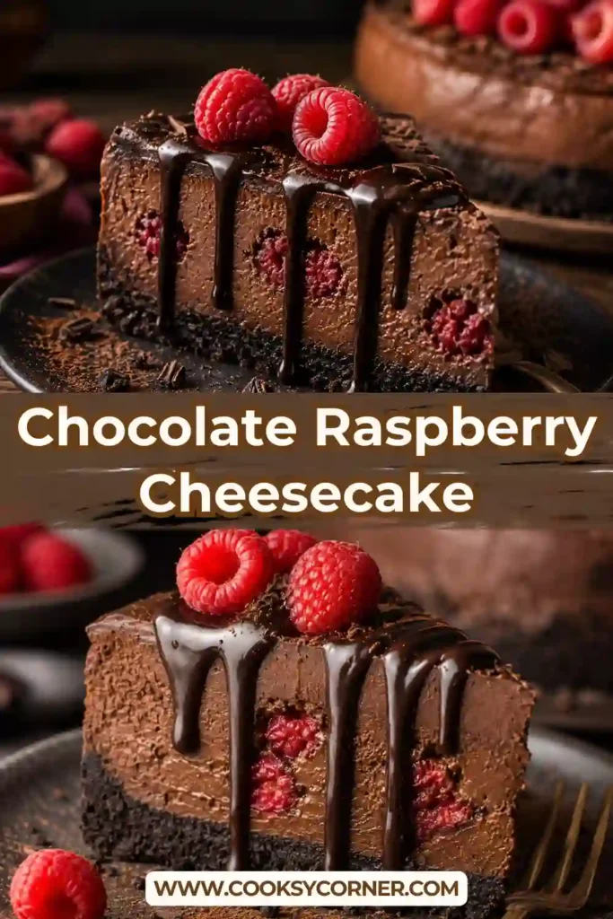 Rich baked chocolate cheesecake with fresh raspberries inside, finished with smooth chocolate ganache and an Oreo crust.