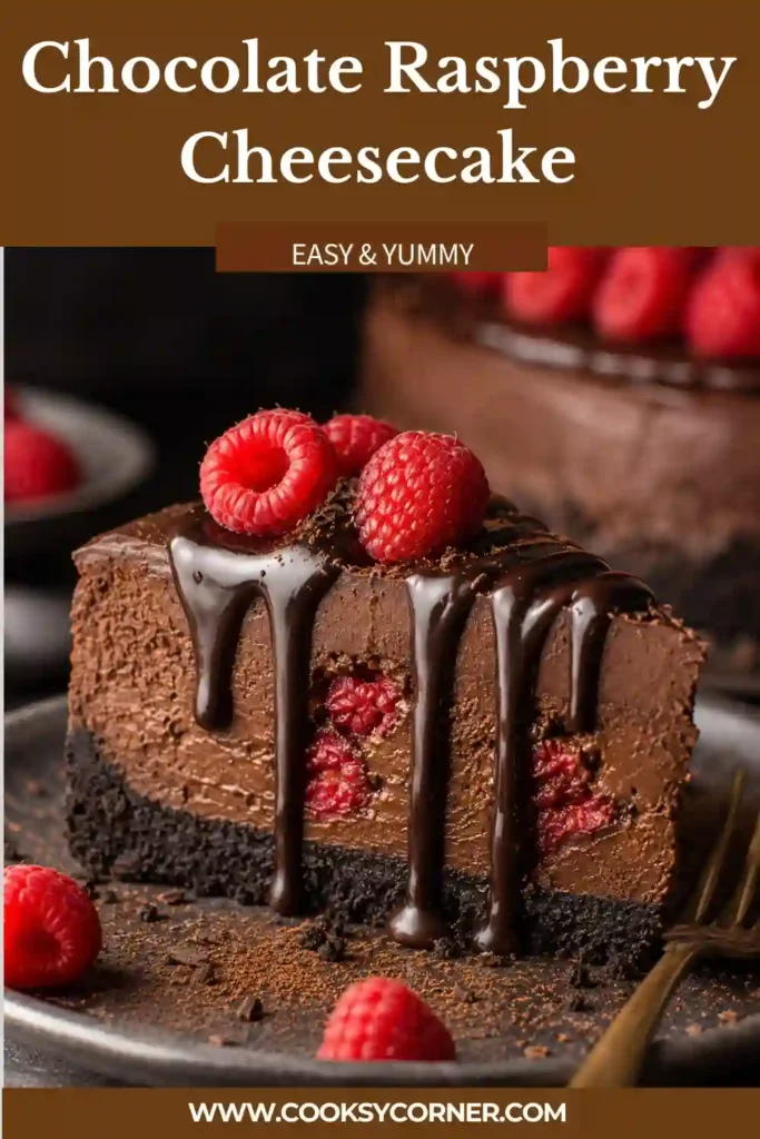 Chocolate Raspberry Cheesecake topped with glossy chocolate ganache, fresh raspberries, chocolate drizzle, and cocoa powder on an Oreo cookie crust.