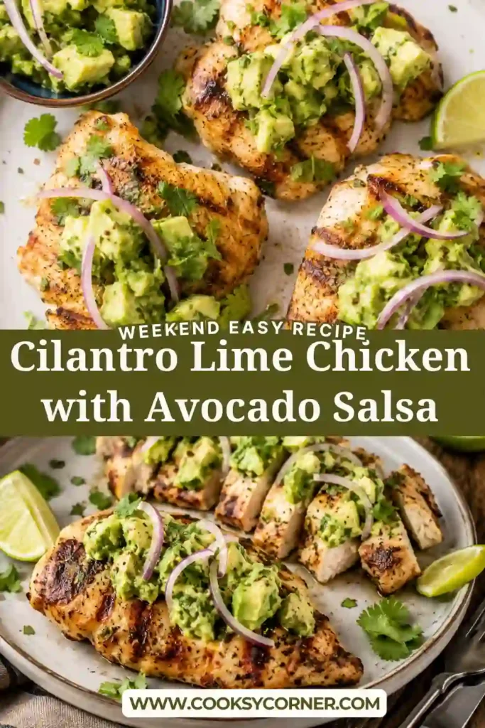 Tender grilled chicken breast topped with avocado salsa made with lime, cilantro, and garlic. A healthy chicken recipe perfect for lunch or dinner.