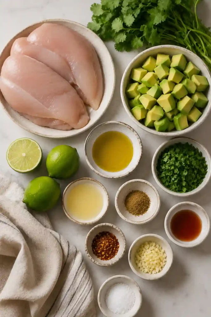 Homemade Cilantro Lime Chicken with creamy avocado salsa served alongside fresh lime wedges. This grilled chicken dish is bright, fresh, and ideal for summer meals.