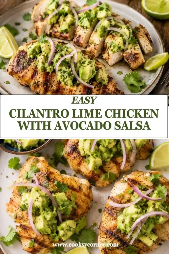 Close-up of Cilantro Lime Chicken garnished with chunky avocado salsa and fresh cilantro. This easy grilled chicken recipe is colorful, fresh, and full of flavor.