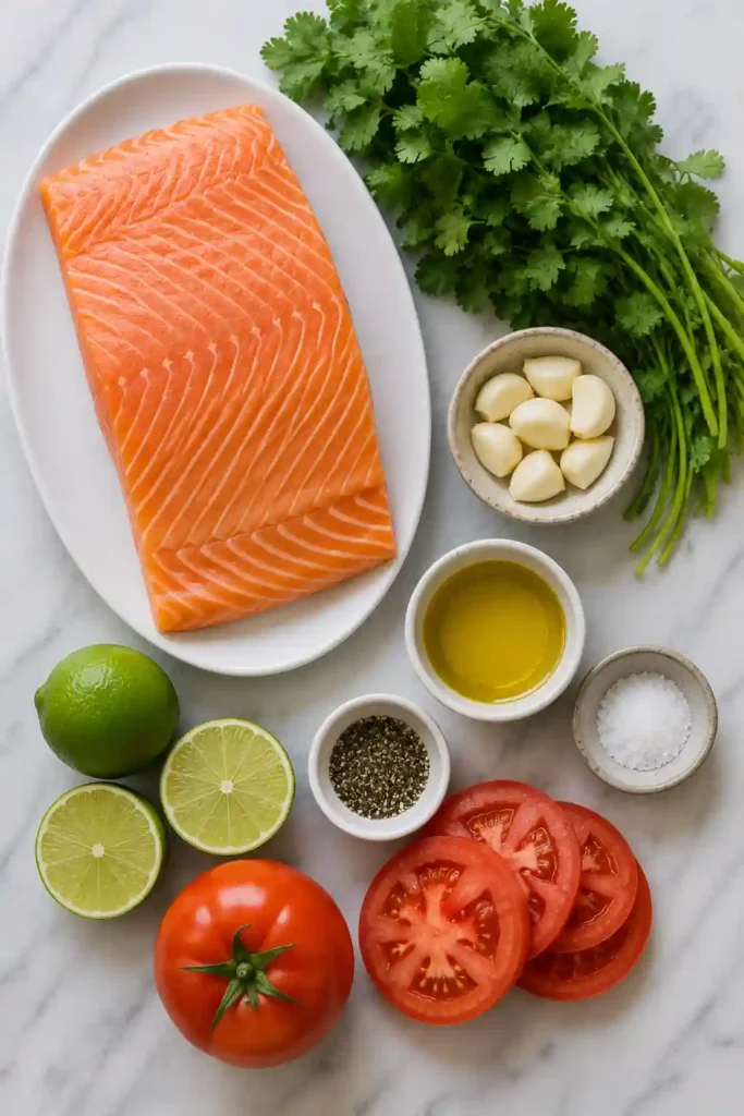 Garlic cilantro baked salmon served with roasted vegetables and lime wedges.