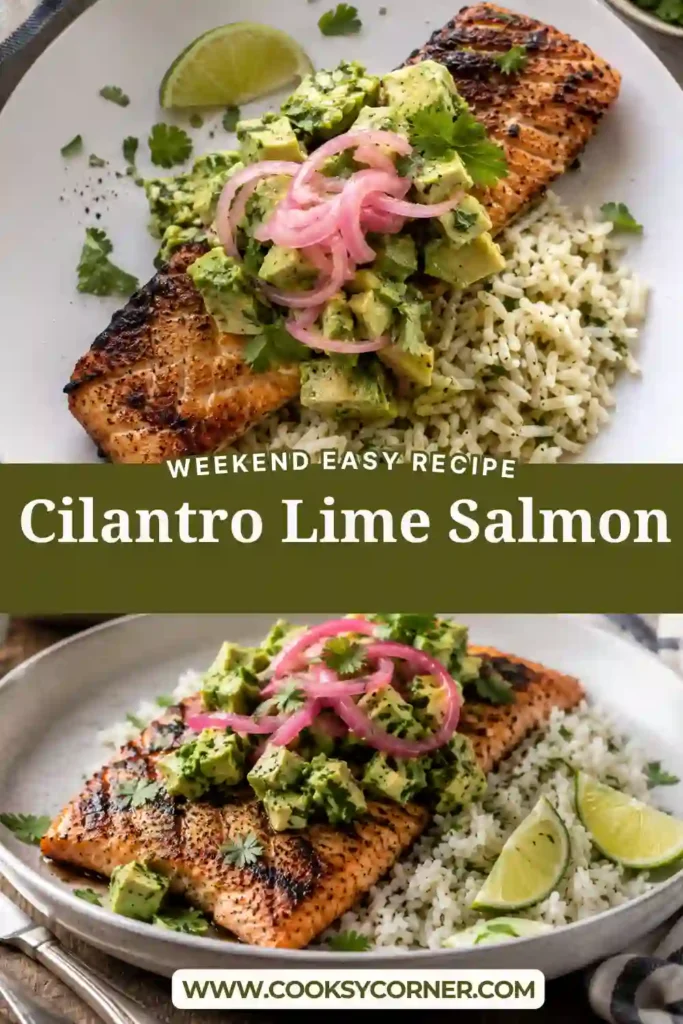 Oven-baked Cilantro Lime Salmon topped with fresh garlic cilantro sauce, sliced tomatoes, and lime rounds in a baking dish.