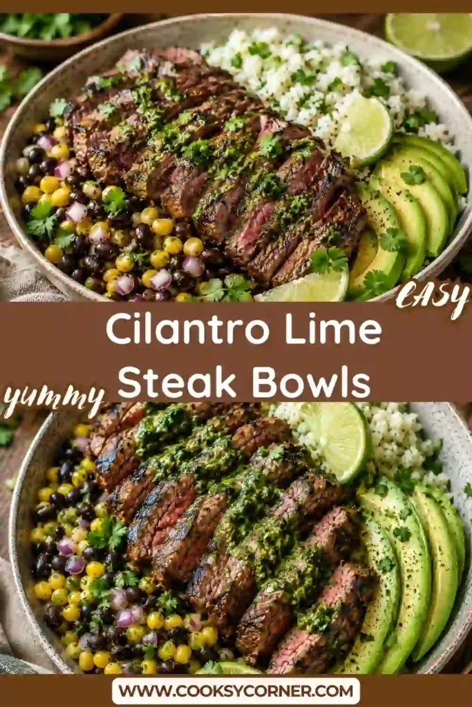 Homemade Cilantro Lime Steak Bowls topped with tender sliced steak, fresh vegetables, creamy avocado, and salsa. A wholesome Mexican-inspired bowl loaded with bold flavors.