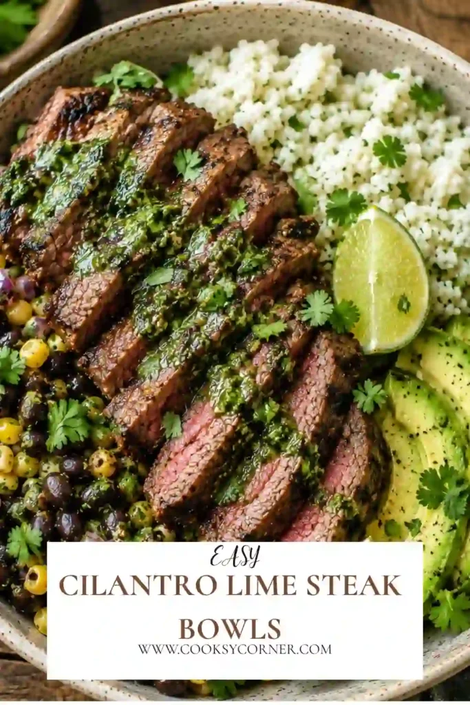 Juicy grilled flank steak served over fluffy cilantro lime rice with avocado, black beans, corn, lettuce, and lime wedges. This healthy steak bowl is vibrant, fresh, and satisfying.