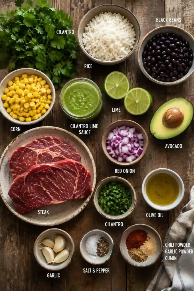 Fresh steak rice bowl featuring marinated flank steak, cilantro lime rice, roasted corn, black beans, avocado, and lime. This protein-packed meal is ideal for lunch or dinner.