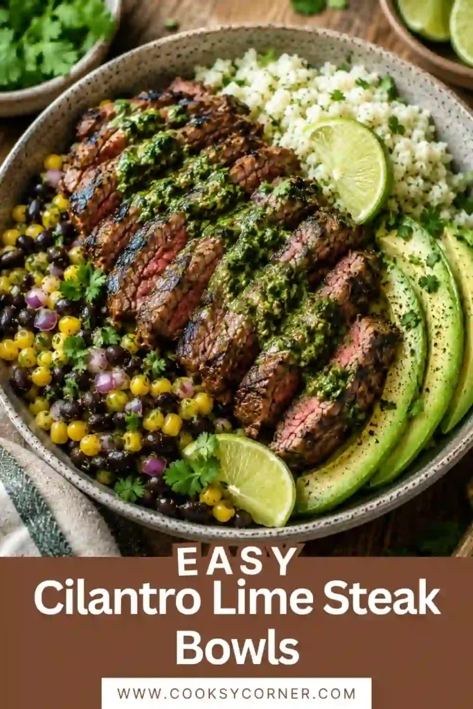 A bowl of Cilantro Lime Steak Bowls filled with sliced flank steak, cilantro lime rice, black beans, corn, avocado, and fresh salsa. This colorful steak rice bowl is perfect for meal prep or an easy weeknight dinner.