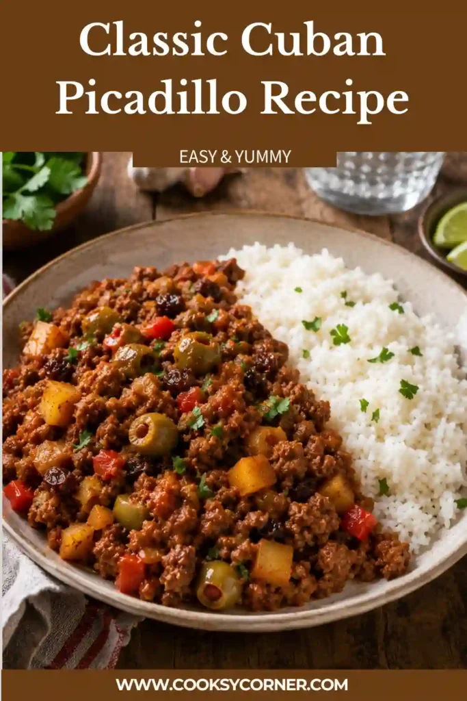 Authentic Classic Cuban Picadillo served warm with fluffy rice and fresh herbs. The rich beef mixture is filled with olives, raisins, onions, and aromatic seasonings.