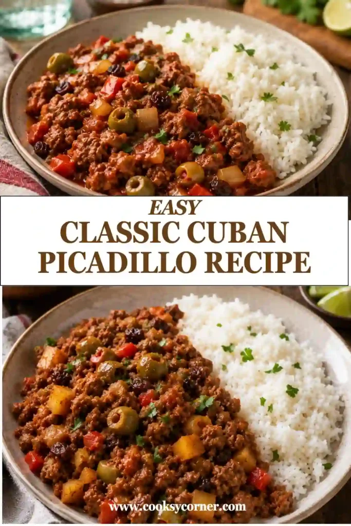 Freshly cooked Cuban picadillo featuring browned ground beef simmered in tomato sauce with olives, raisins, cumin, and peppers. A delicious homemade weeknight dinner.
