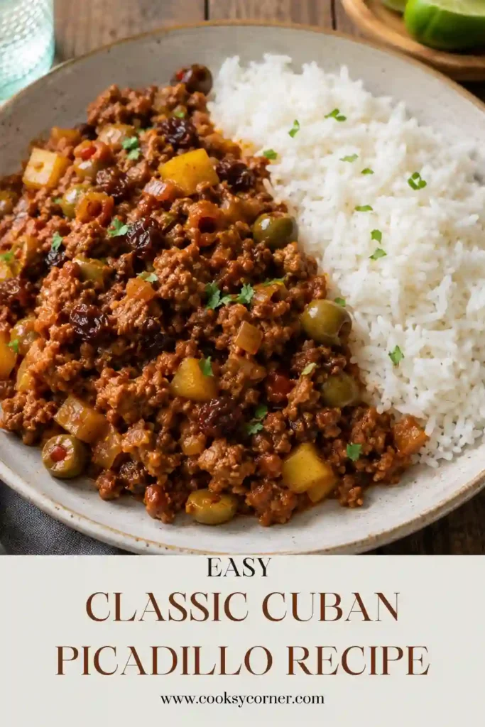 A bowl of Classic Cuban Picadillo made with seasoned ground beef, tomato sauce, green olives, raisins, and spices served over steamed white rice. This traditional Cuban comfort food looks hearty and flavorful.