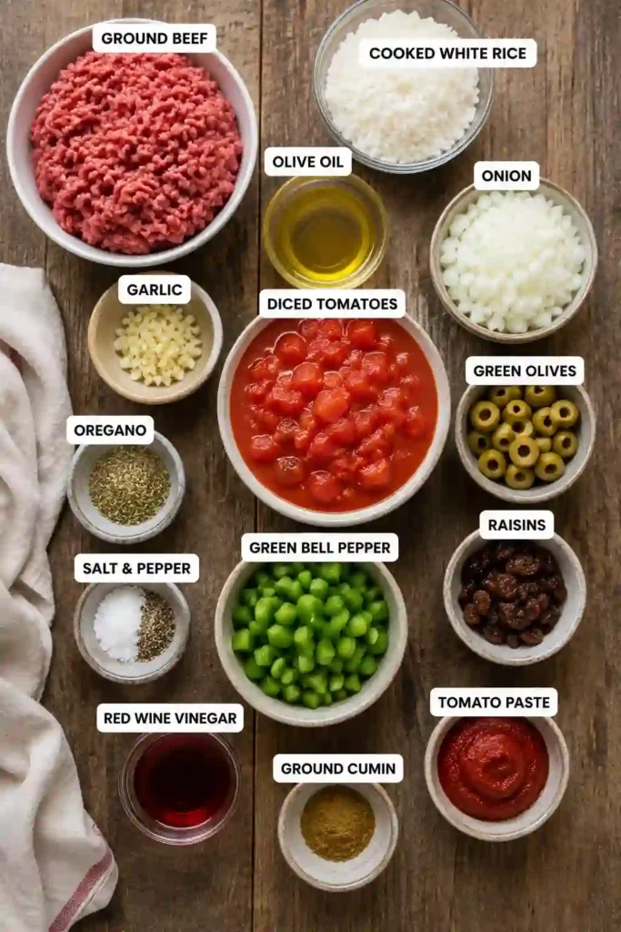 Homemade Classic Cuban Picadillo in a rustic serving bowl with tender ground beef, tomato sauce, olives, and raisins. A traditional one-pan Cuban family meal.