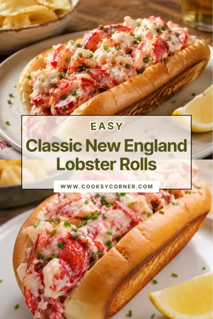 Homemade lobster rolls featuring fresh lobster, celery, mayonnaise, and toasted buns on a wooden serving board.