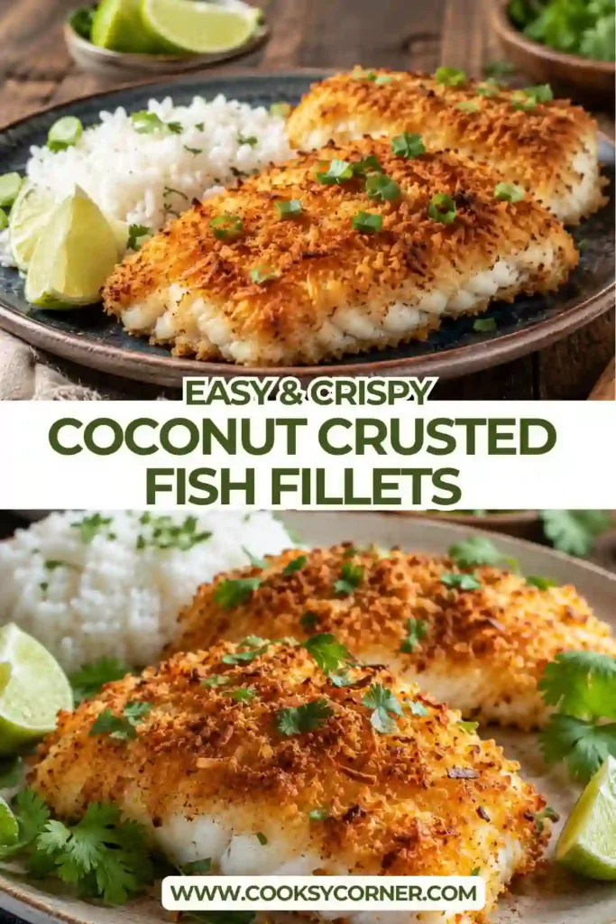 Close-up of crispy Coconut Crusted Fish Fillets with flaky white fish inside. Perfect for an easy tropical seafood dinner.