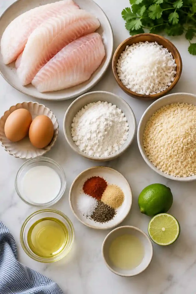 Coconut Crusted Fish Fillets paired with lime and tropical side dishes. A colorful seafood meal featuring crispy coconut-coated fish.