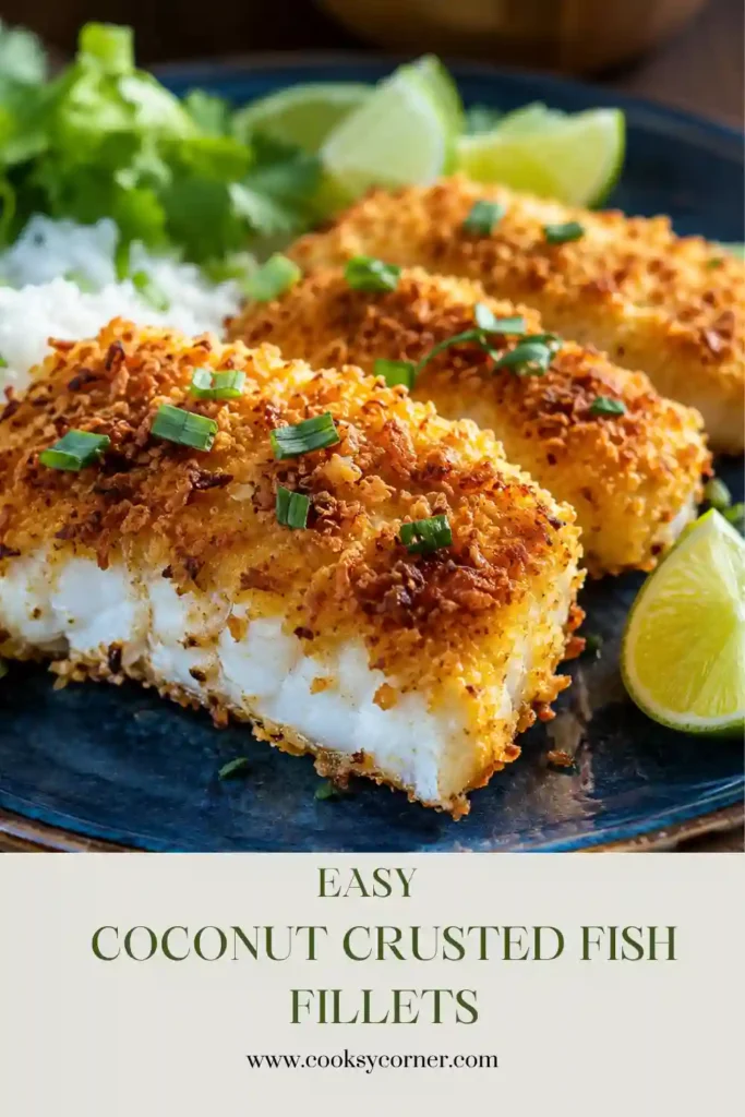 Golden Coconut Crusted Fish Fillets served with fresh lime wedges and chopped cilantro. The crispy coconut coating gives each fillet a crunchy tropical finish.