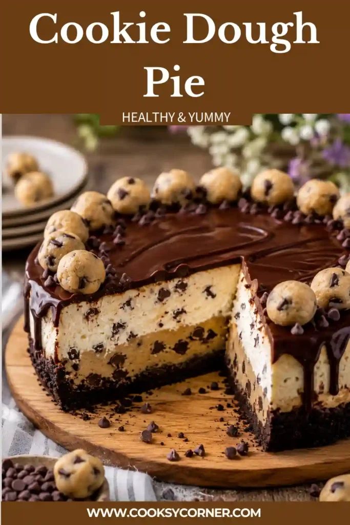 Homemade Cookie Dough Pie decorated with cookie dough bites and chocolate ganache. A decadent no-bake dessert perfect for parties and holidays.