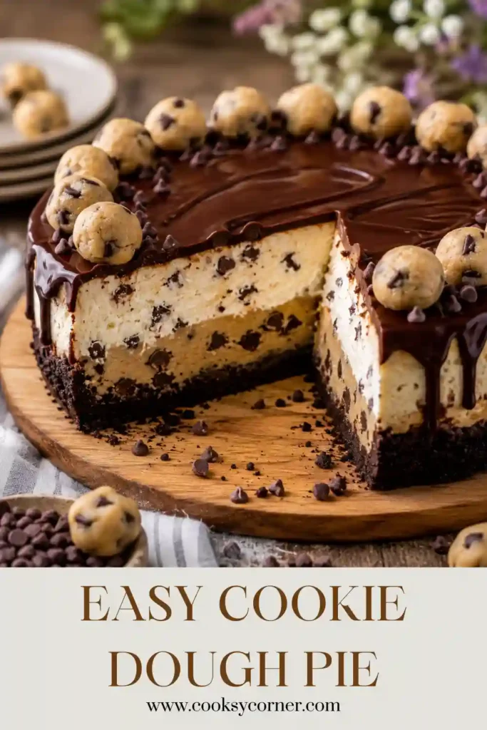 A slice of Cookie Dough Pie showing layers of Oreo crust, edible cookie dough, fluffy cream filling, and smooth chocolate ganache.