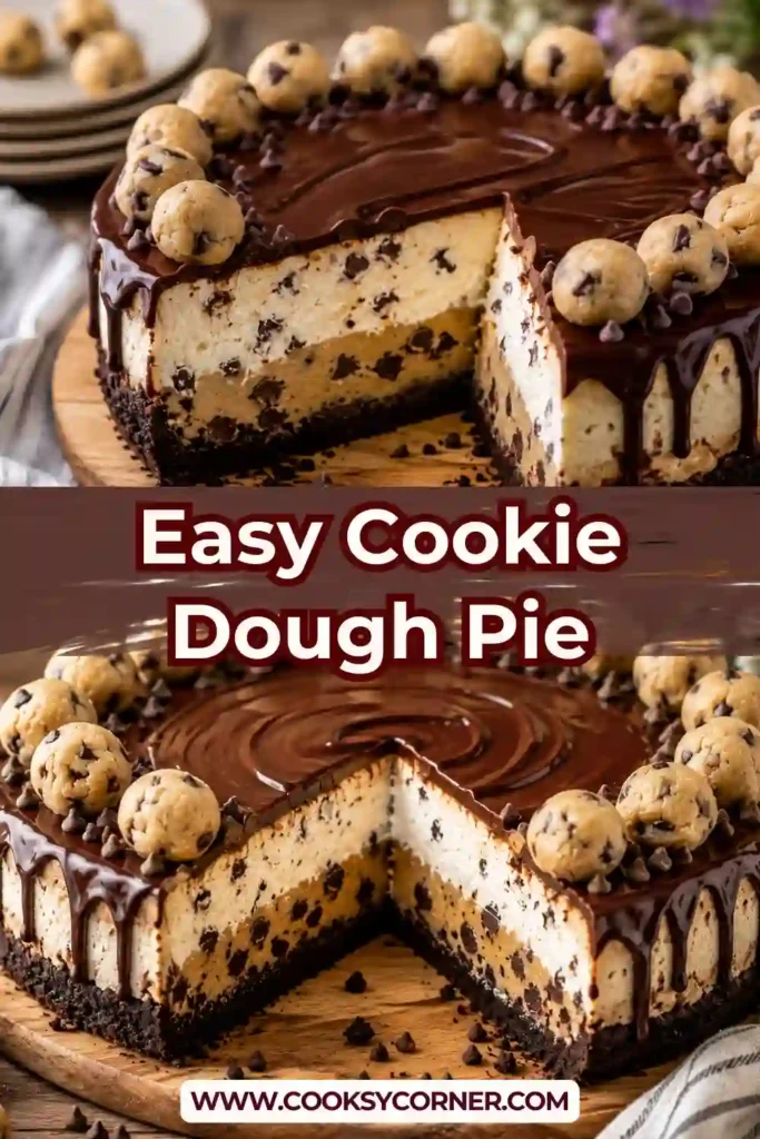 Cookie Dough Pie topped with chocolate ganache and edible cookie dough balls on an Oreo crust. This rich no-bake dessert features creamy cheesecake filling and plenty of chocolate chips.