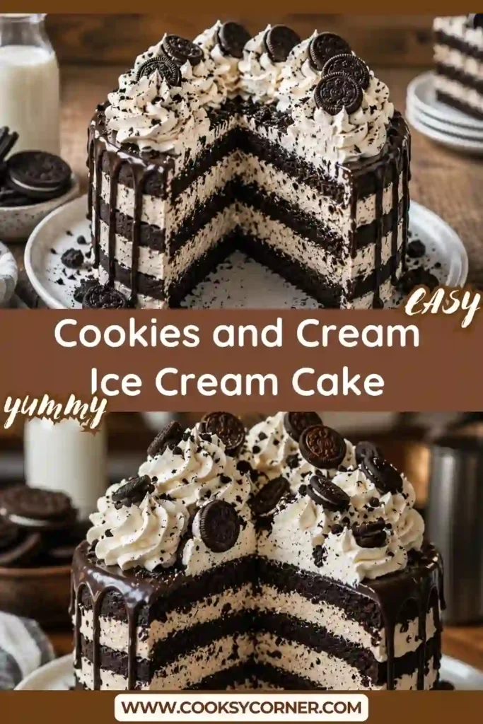 3. A frozen Cookies and Cream Ice Cream Cake decorated with whipped cream and cookie crumbs. Creamy, crunchy, and perfect for family celebrations.