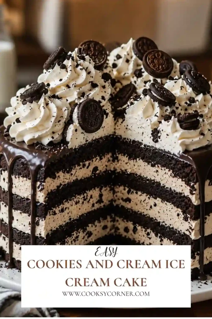 2. This homemade Cookies and Cream Ice Cream Cake features rich vanilla bean ice cream layered with crunchy chocolate sandwich cookies. It's an easy no-bake dessert perfect for birthdays and summer parties.
