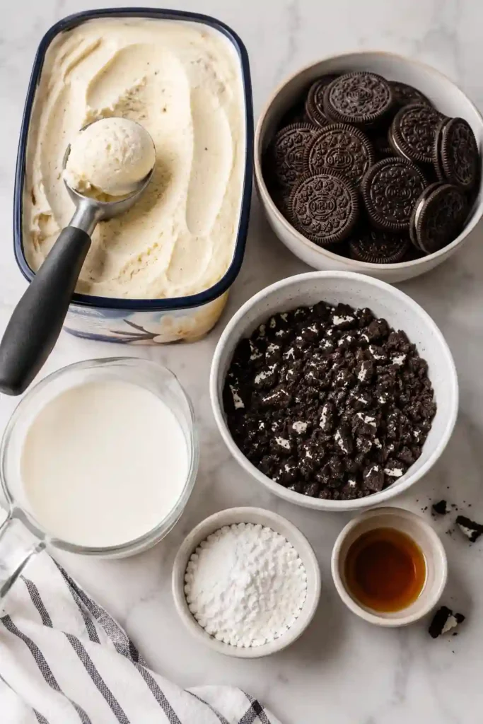 4.
A delicious no-bake Cookies and Cream Ice Cream Cake served in neat slices with creamy vanilla ice cream and chocolate cookie layers. An irresistible frozen dessert for every occasion.