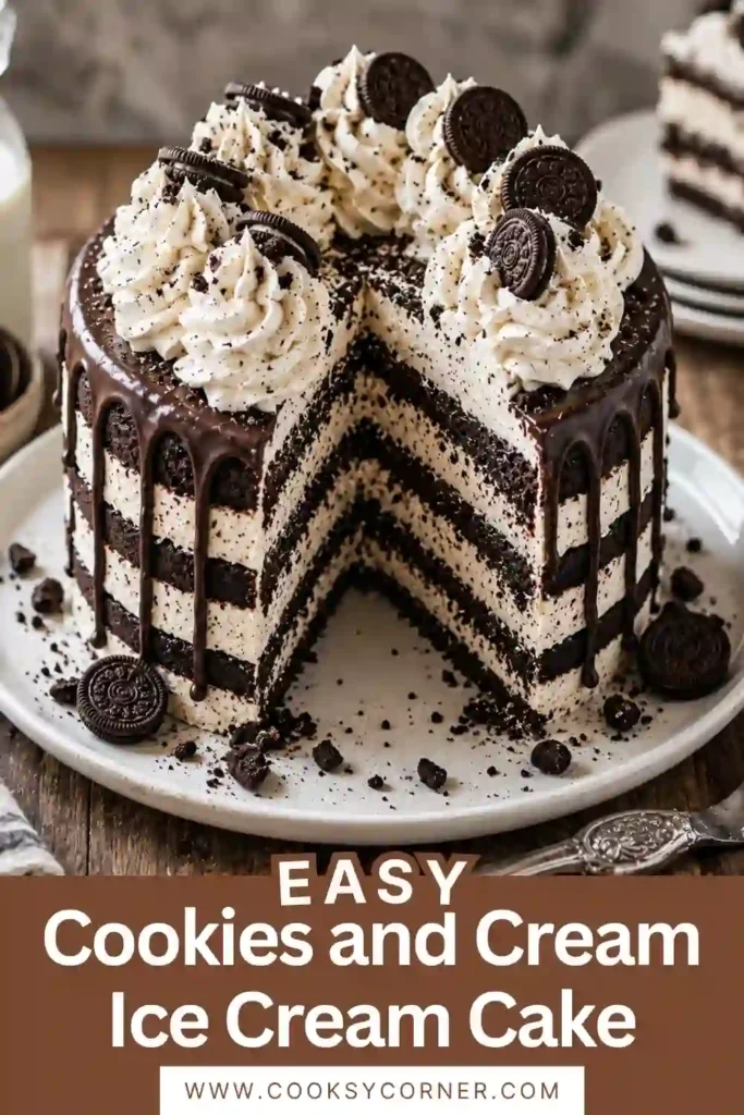 1. A creamy Cookies and Cream Ice Cream Cake topped with fluffy whipped cream and crushed chocolate sandwich cookies. Every slice reveals beautiful frozen layers of vanilla ice cream and cookie pieces.