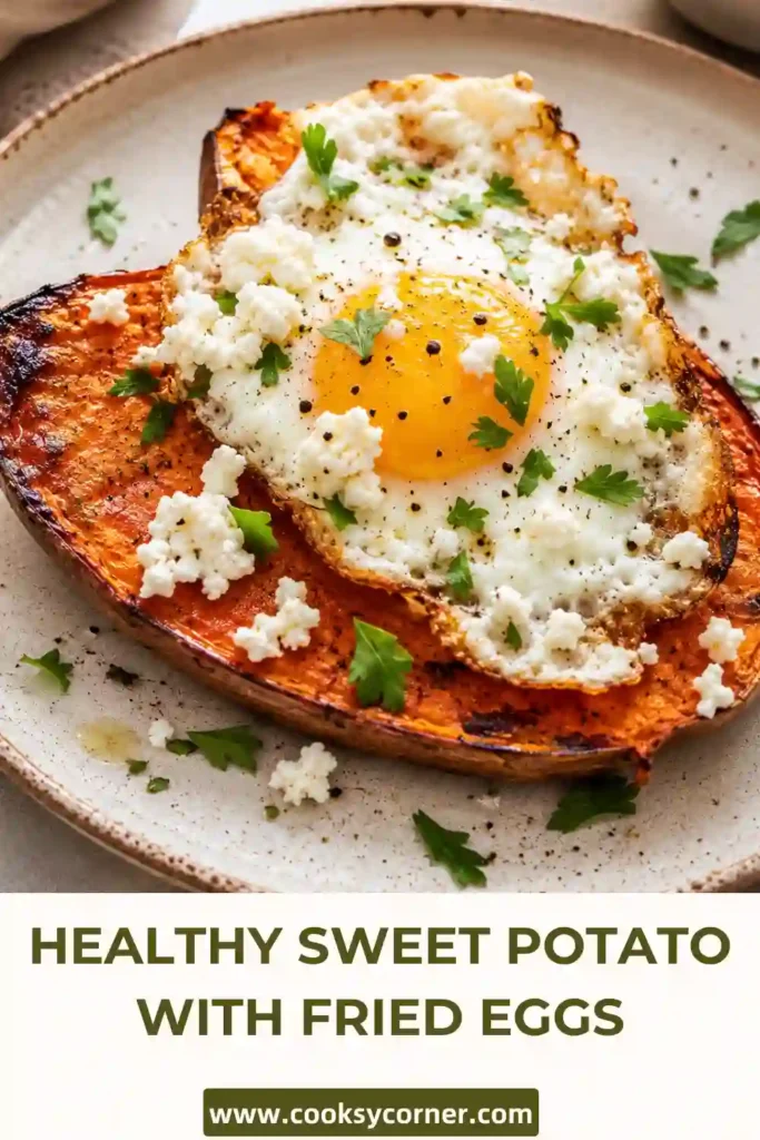 Roasted sweet potato halves topped with crispy fried eggs, crumbled feta, fresh parsley, and Mediterranean spices. A nutritious high-protein breakfast perfect for brunch.
