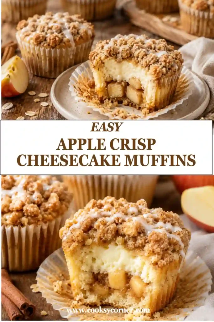 Golden brown apple cheesecake muffins filled with cream cheese and diced cinnamon apples, finished with crunchy streusel topping and vanilla glaze for a bakery-style appearance.