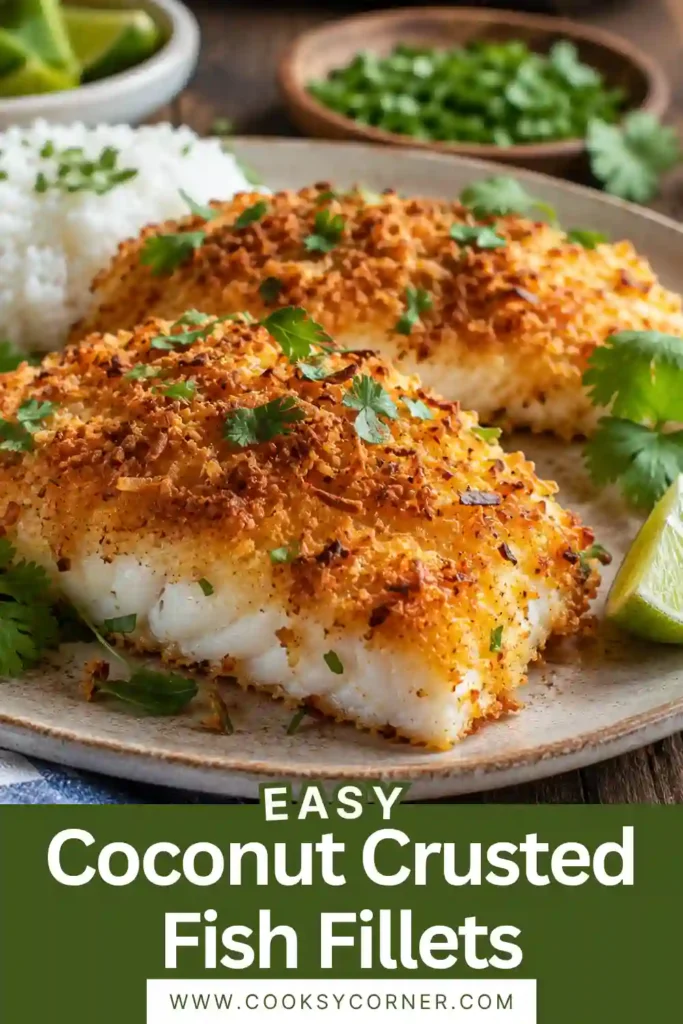 Freshly fried Coconut Crusted Fish Fillets on a serving platter with cilantro garnish. Crunchy panko and coconut create a beautifully crisp texture.
