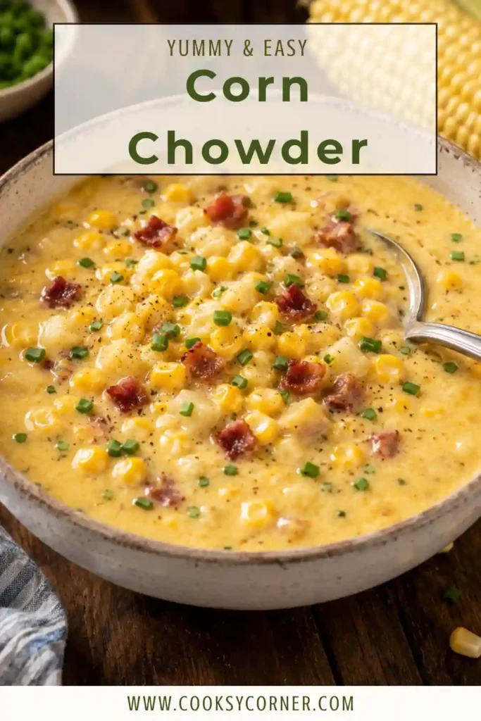 Creamy Corn Chowder with sweet corn, potatoes, cheddar cheese, and chopped chives. A hearty American soup recipe made with simple ingredients.